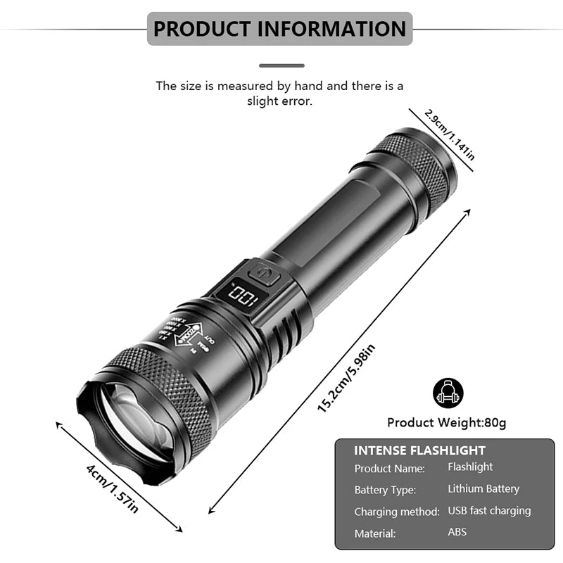 lampe torche noire led rechargeable ultra lumineuse zoom modulations haute puissance texturée moderne robuste