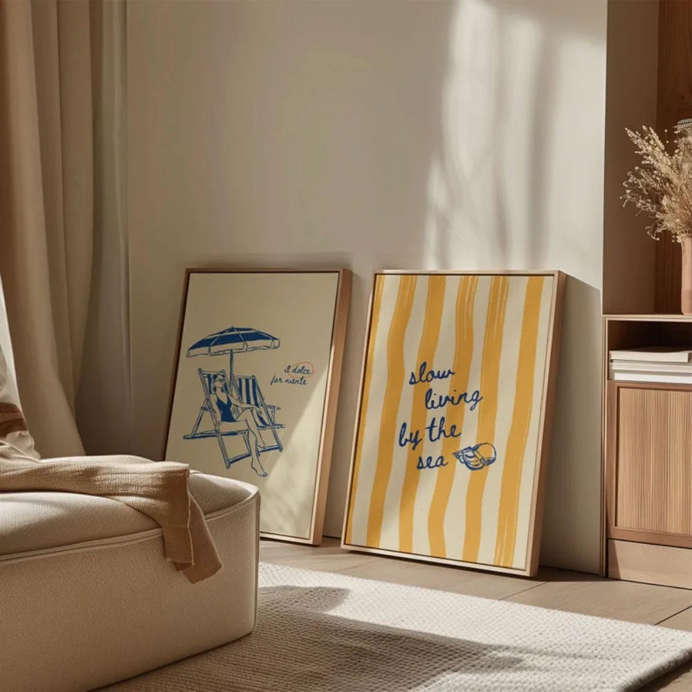 affiches modernes minimalistes blanc bleu jaune rayures texte cadre bois chambre salon decoration
