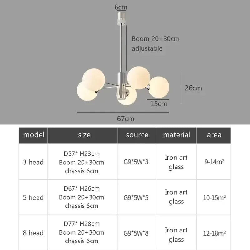 chandelier moderne minimaliste argenté blanc plusieurs têtes verre opalescent fixé réglable