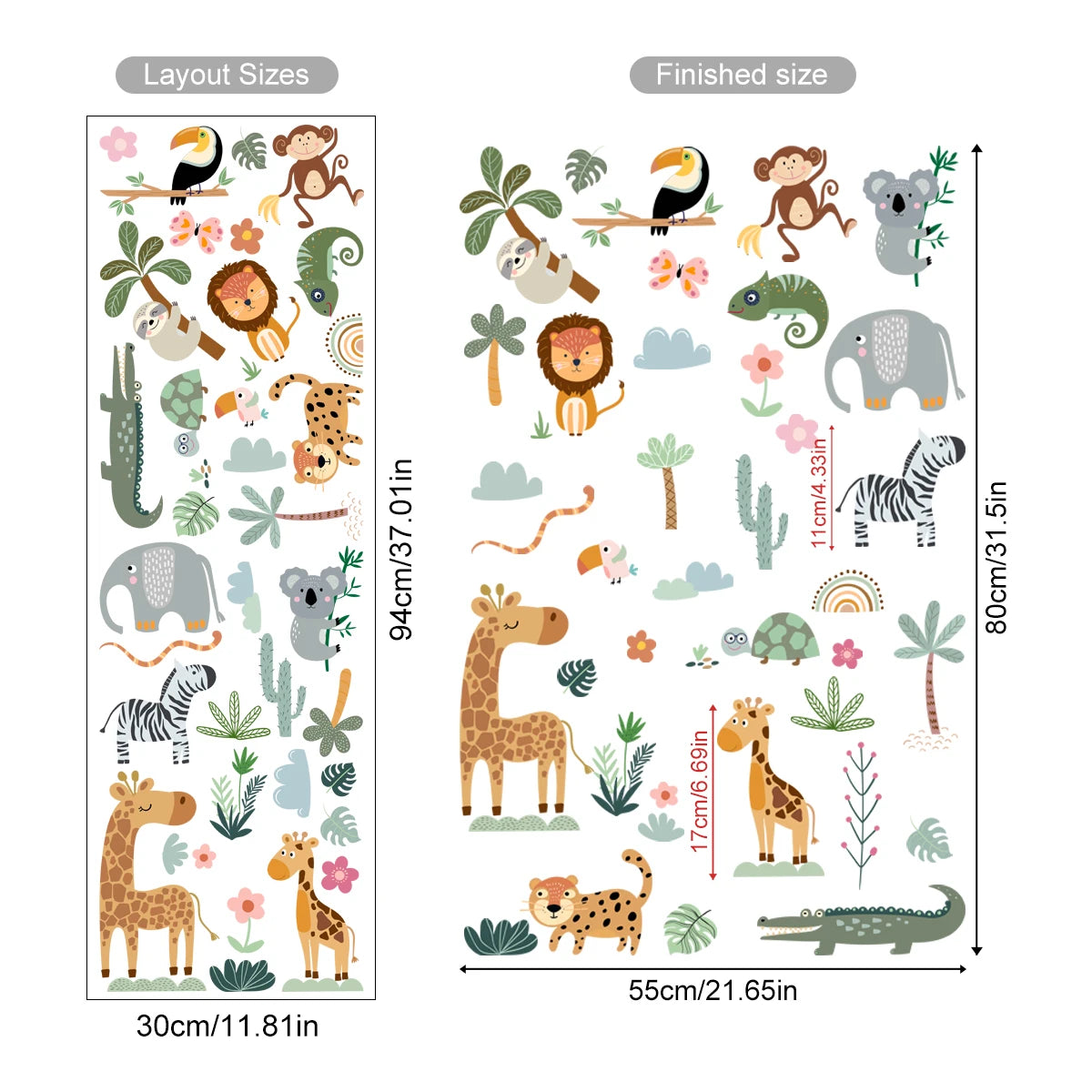 sticker mural animaux dessin animé jungle girafe zèbre léopard éléphant oiseaux plantes chambre enfant