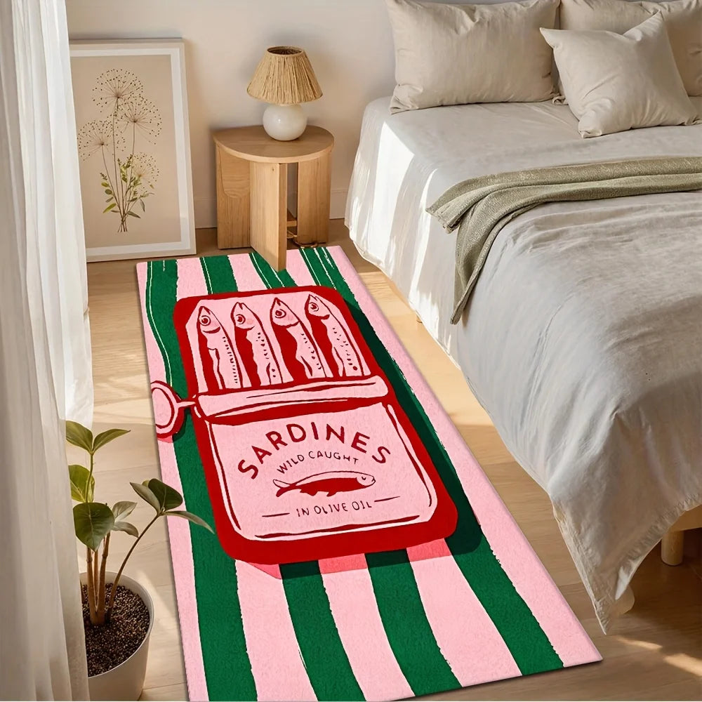 tapis moderne rayures vertes roses antidérapant flanelle polyester sardines illustration salle bain entrée