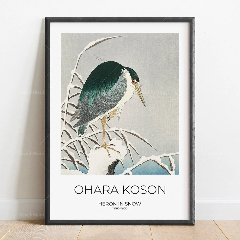 Image d'un héron dans la neige, une illustration emblématique de l'artiste japonais Ohara Koson.