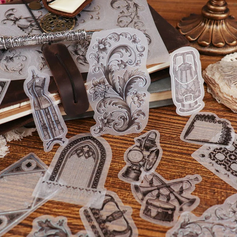stickers transparents vintage ornements floraux adhésifs noir blanc baroques deco journal
