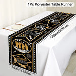 nappe table fête remise diplôme motifs cérémonie confettis étoiles feu artificiel polyester noire or