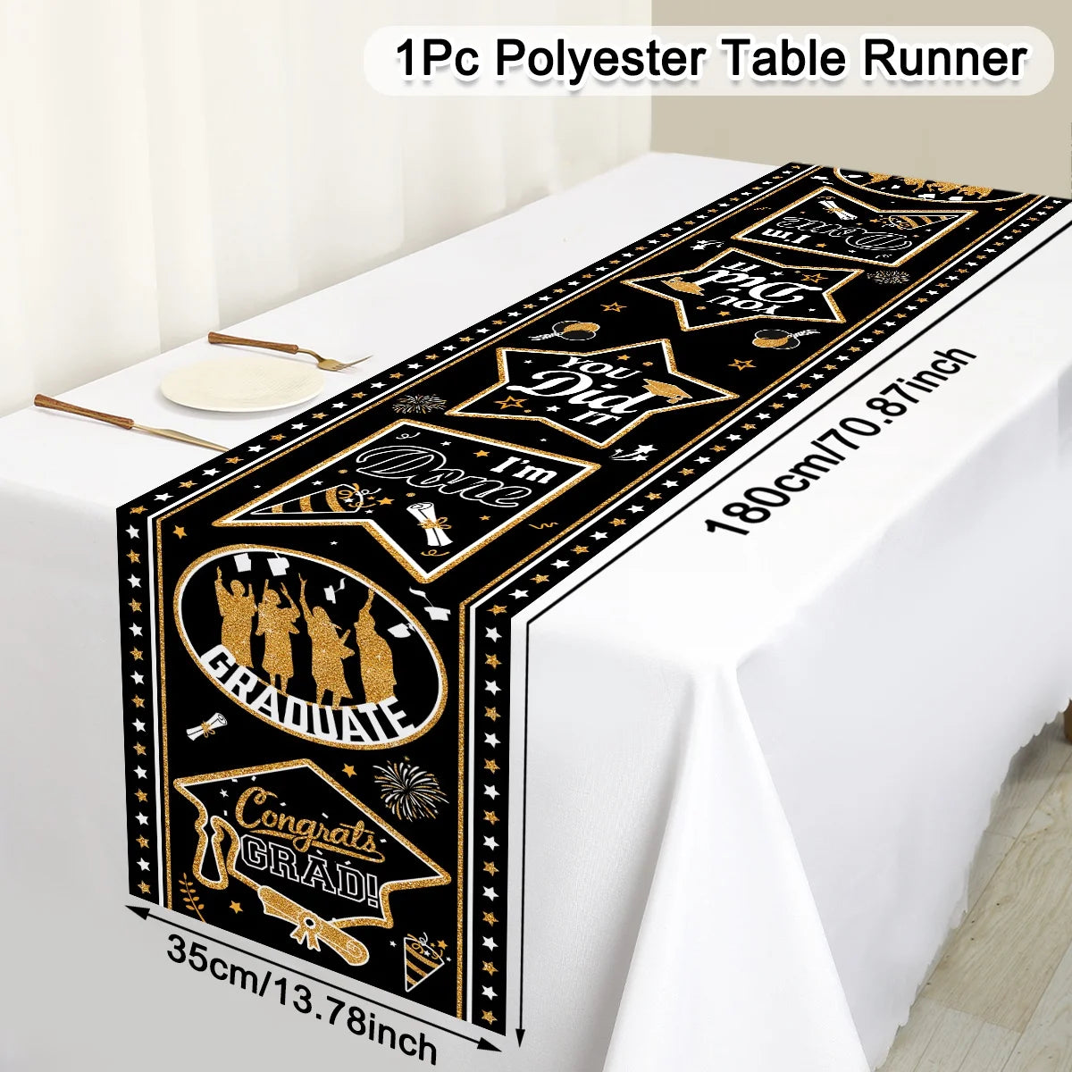 nappe table fête remise diplôme motifs cérémonie confettis étoiles feu artificiel polyester noire or