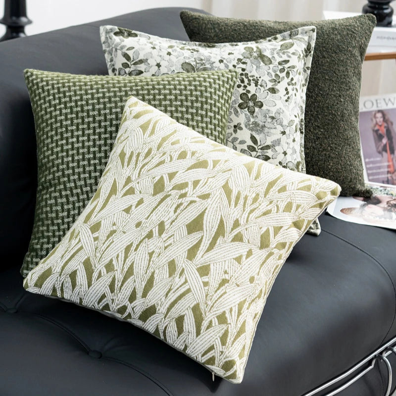 coussin deco vert olive motif floral moderne polyester jacquard adhesif 45x45cm 30x50cm
