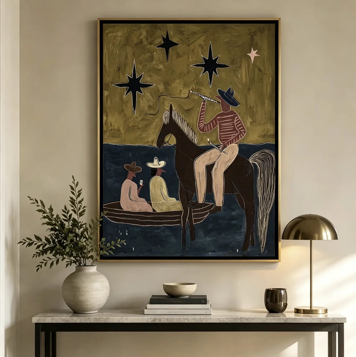 tableau abstrait chevaux étoiles moderne or noir salon chambre coucherDecorationMurale
