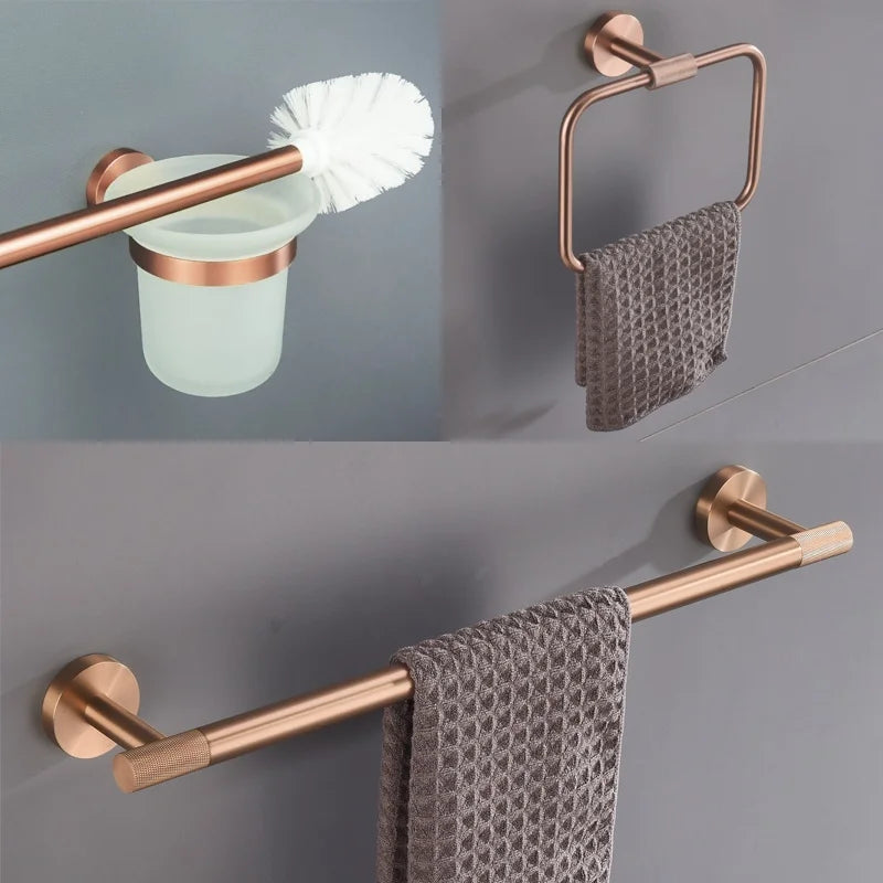ensemble accessoires salle bain laiton brossé or rose porte serviettes mural moderne