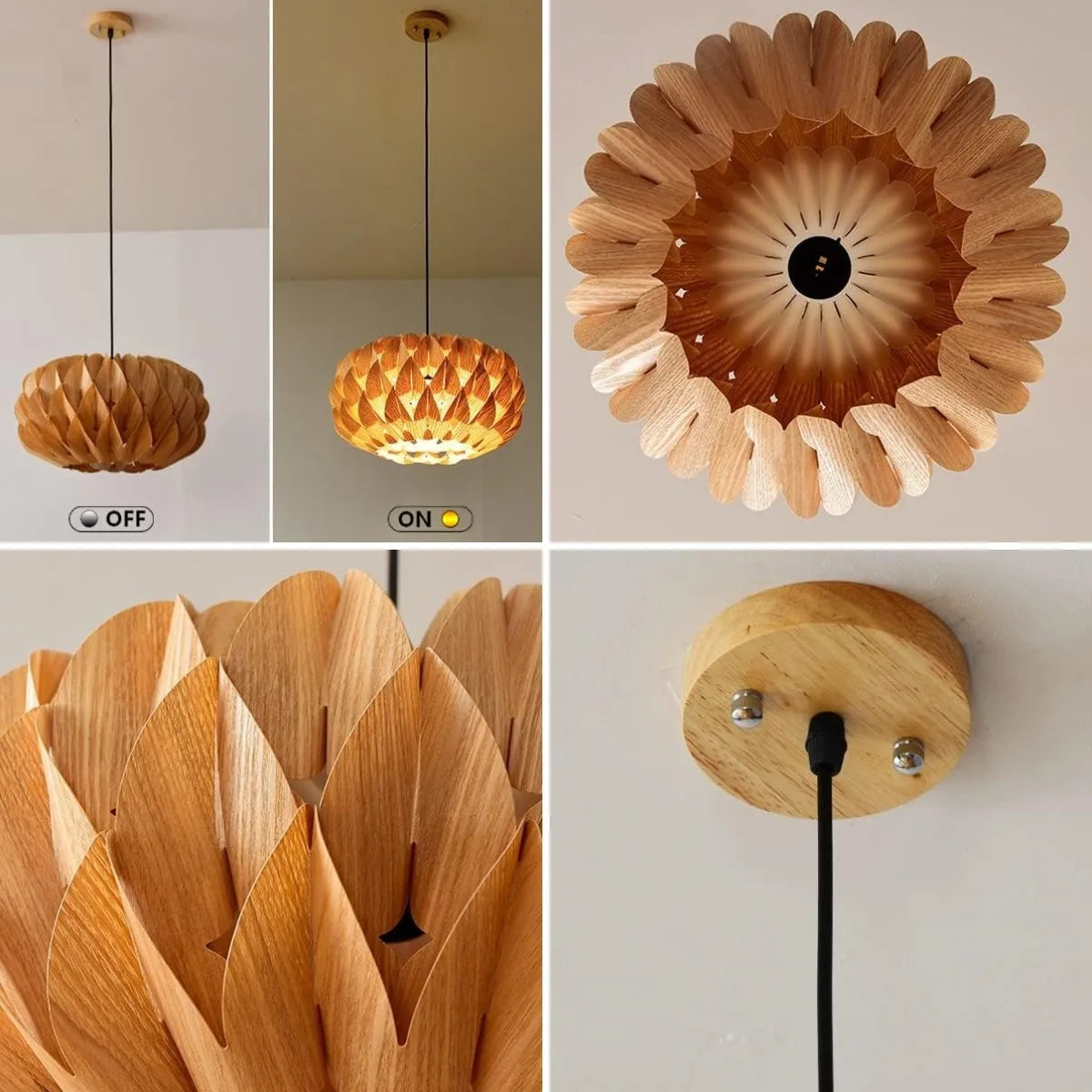 lampe suspendue moderne bois feuilles ouvertes organique câble noir interrupteur