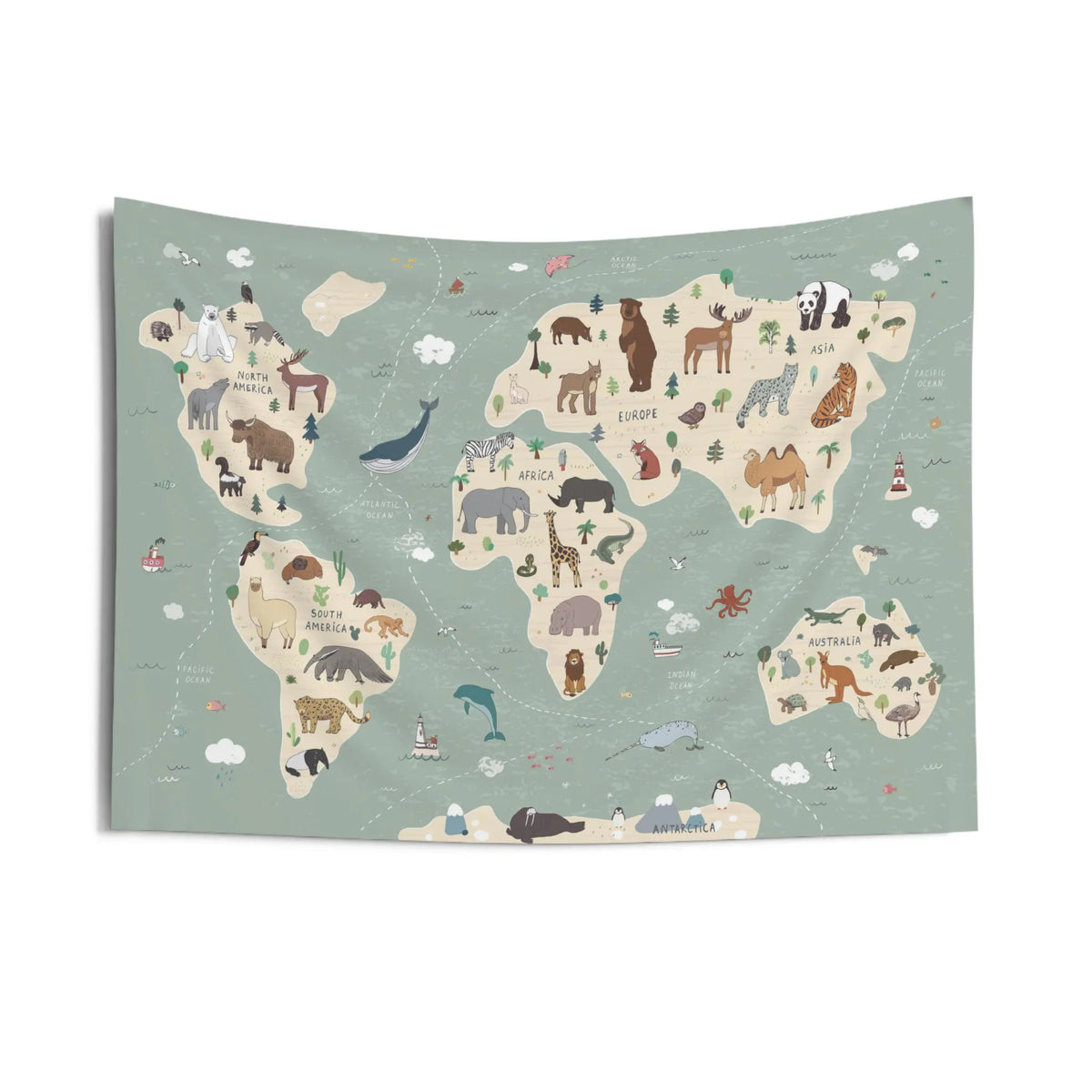 décoration murale carte monde illustrative animaux paysages enfants chambre tapisserie géographique opaques