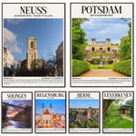 Ces affiches promotionnelles présentent des villes allemandes avec leurs principaux bâtiments et paysages caractéristiques, offrant un aperçu visuel attrayant de ces destinations.