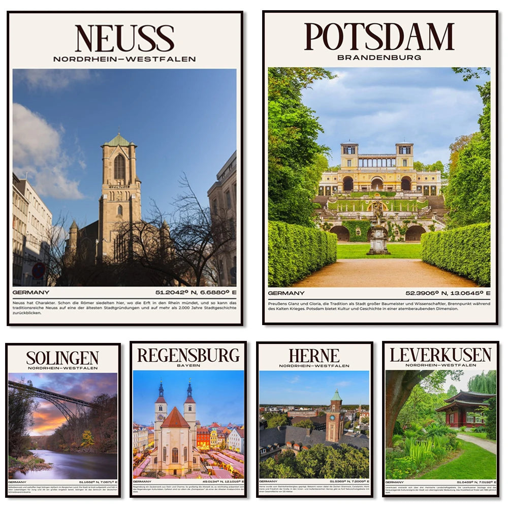 Ces affiches promotionnelles présentent des villes allemandes avec leurs principaux bâtiments et paysages caractéristiques, offrant un aperçu visuel attrayant de ces destinations.