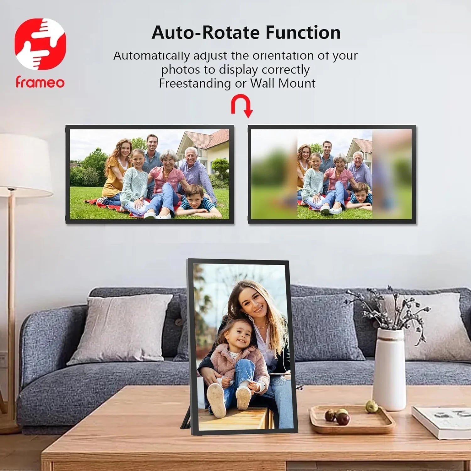 Écran tactile du cadre affichant des photos en haute définition