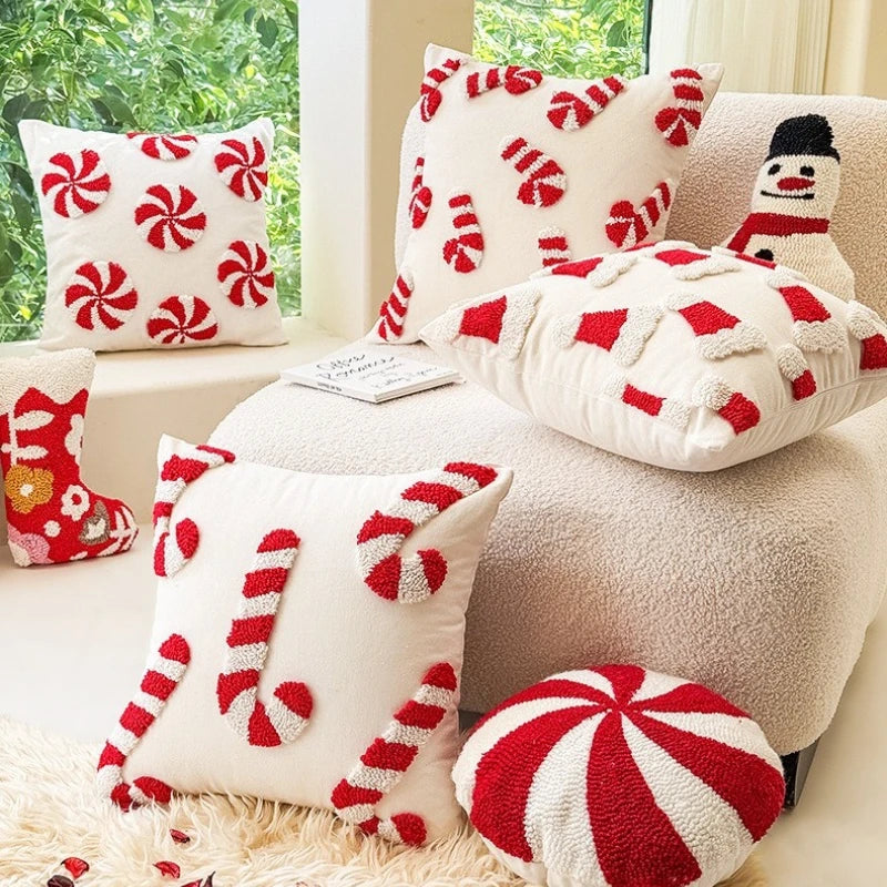 coussin carré polyester tufté motif noël bonbons rouges blancs décoratif fixations festive chambre voiture