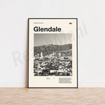 L'image présente une affiche promotionnelle de la ville de Glendale, dans le sud de la Californie, avec une vue panoramique de la ville et des montagnes environnantes.