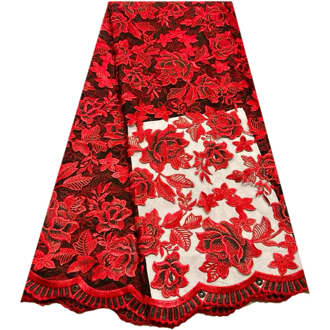 tissu dentelle brodée fleurs feuilles vert foncé orange rose rouge occasion importante elegance