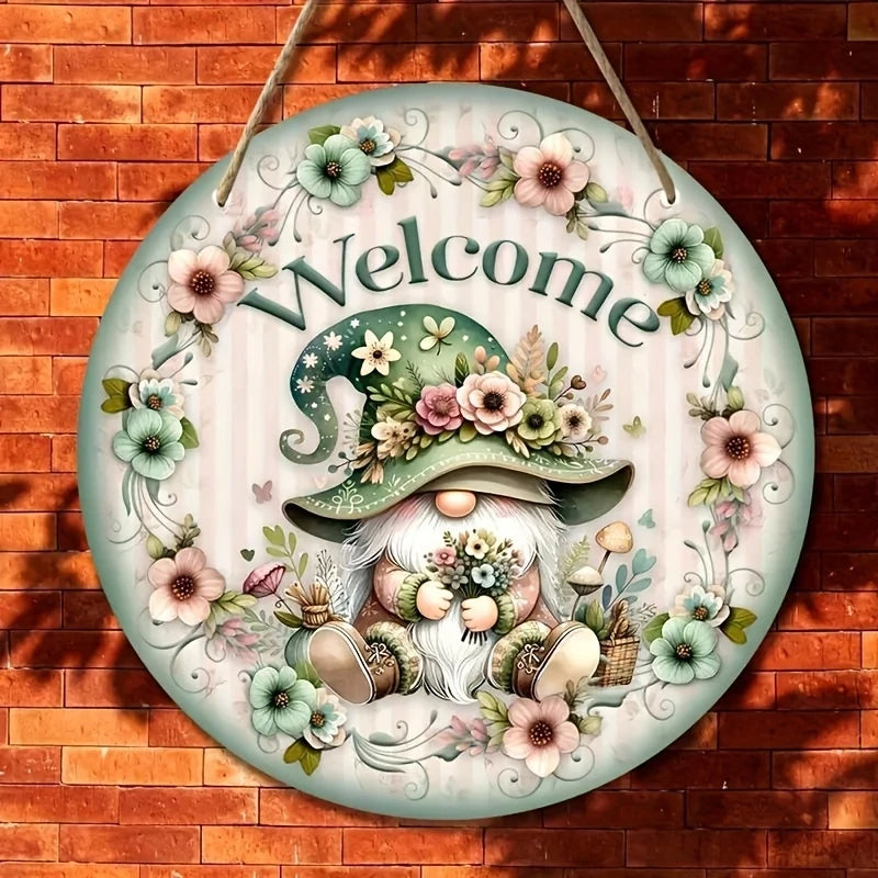 plaque décorative verte blanc rose gnome fleurs bienvenue vintage floral 20cm