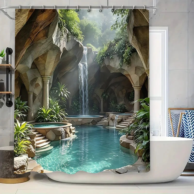 rideau douche moderne cascade paysagère bleu clair vert rochers opacité crochets