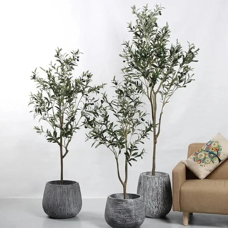plantes artificielles vertes tronc gris brun moderne decoration intérieure anniversaire exposition sans pot faux