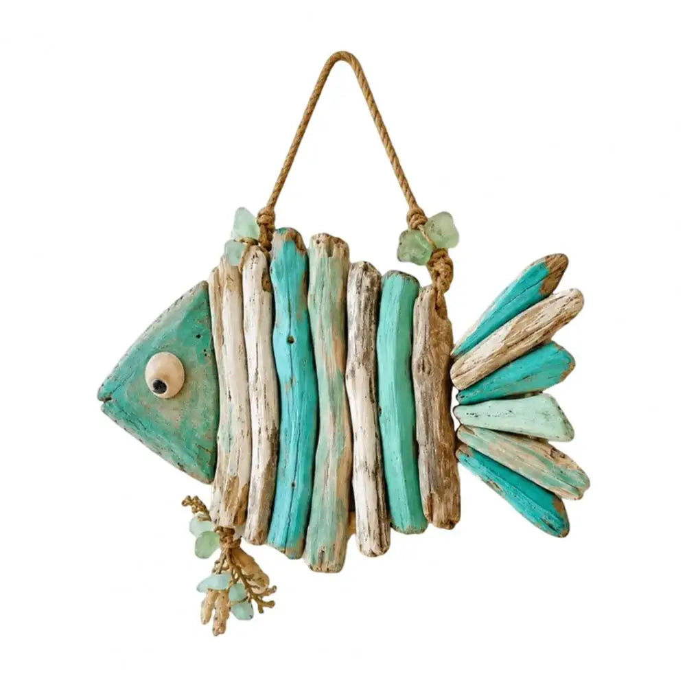 décoration murale poisson bois flotté vert clair rustique artisanal cordelette enchanvre