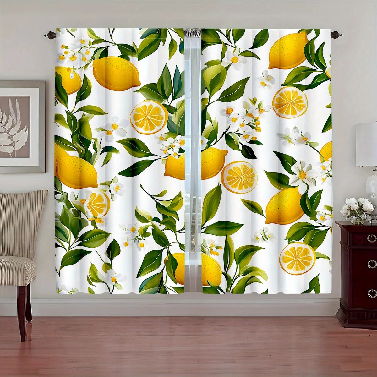 rideau imprimé citrons feuilles vertes blanc moderne opac 100 polyester salon cuisine