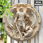 décoration murale bois saint michel épée bouclier demon religieuse relief sculpté or argent