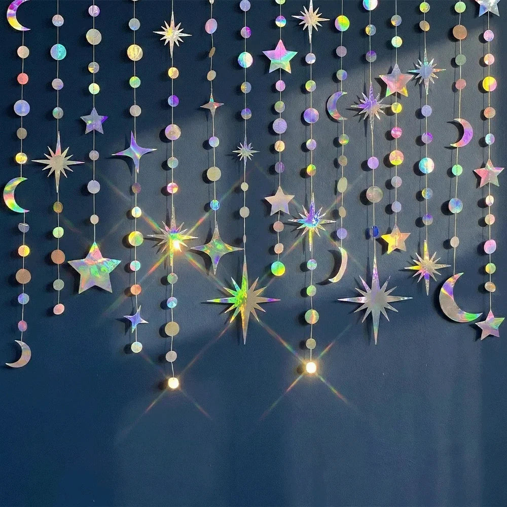 guirlande décorative festif étoiles lunes cercles iridescent mariage anniversaire eid mubarak holographique brillant