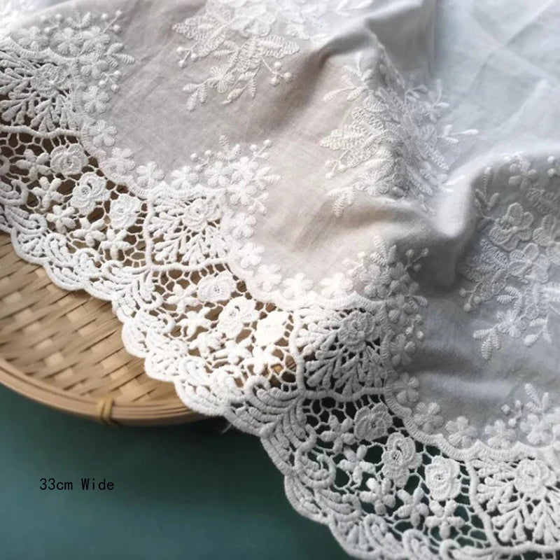 dentelle brodée fleurs feuilles tissu coton polyester blanc classique romantique 33cm large translucide écologique