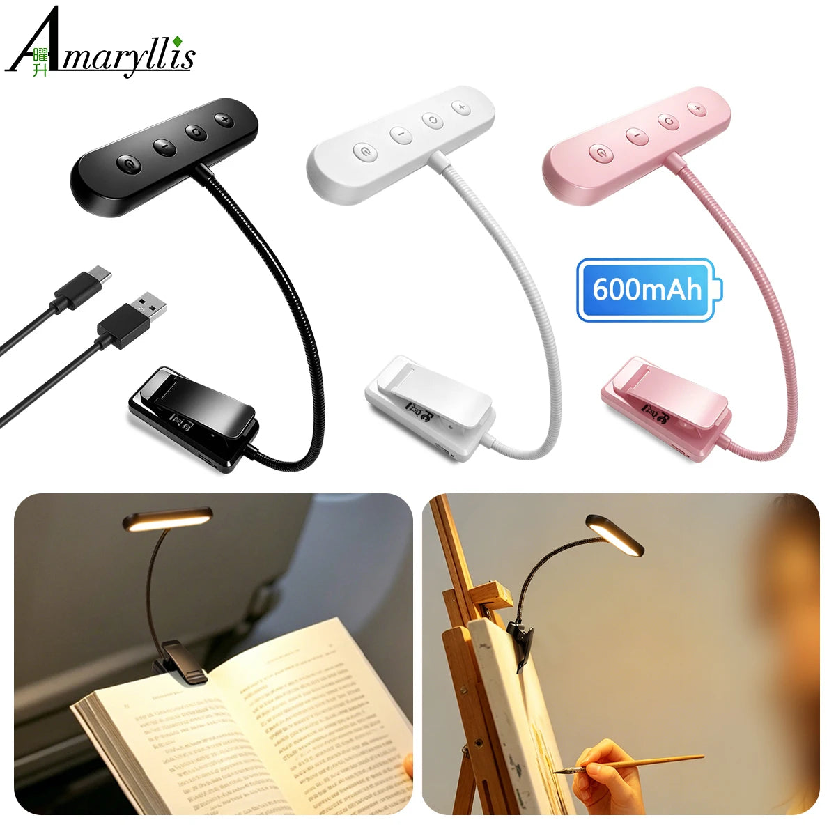 lampe clip led rechargeable 10 niveaux luminosité 600mha 12 leds noir blanc rose
