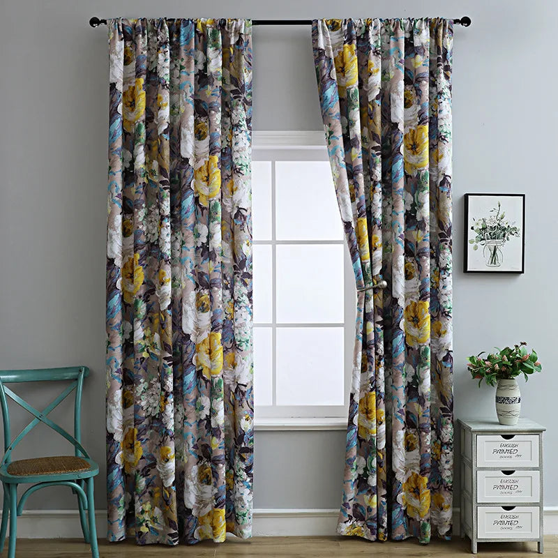 rideau floral deux panneaux pastoral imprimé polyester gris jaune bleu violet vert