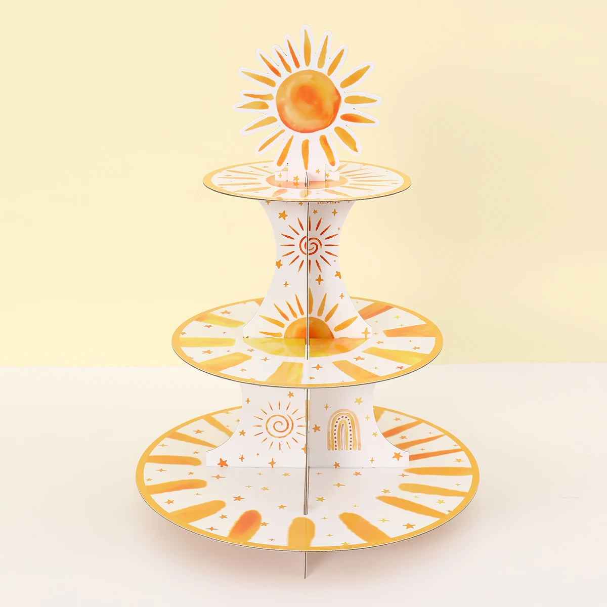 support gâteaux trois étages blanc orange motifs solaires étoiles moderne anniversaire mariage fête