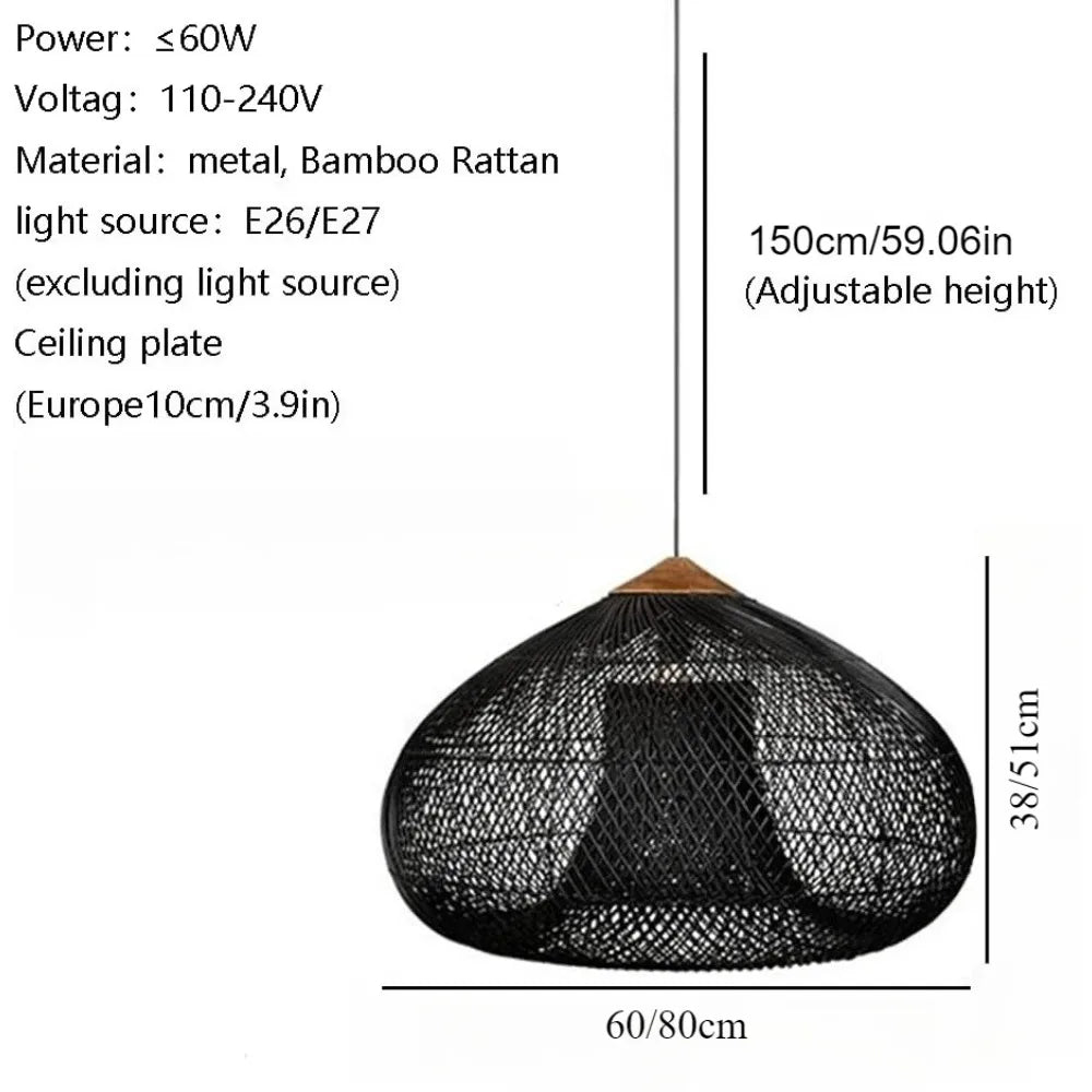 suspension lumineuse rattan tressé noir moderne rustique crochets câble électrique 60 80 cm