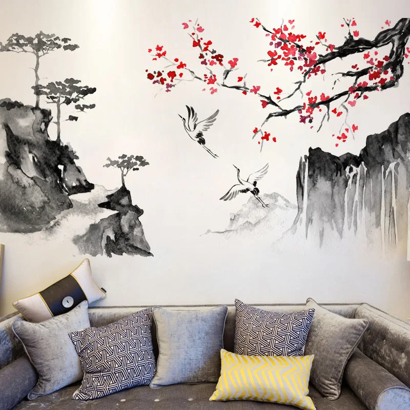 décoration murale sticker paysage japonais grue fleur cerisier aquarelle minimaliste art asiatique