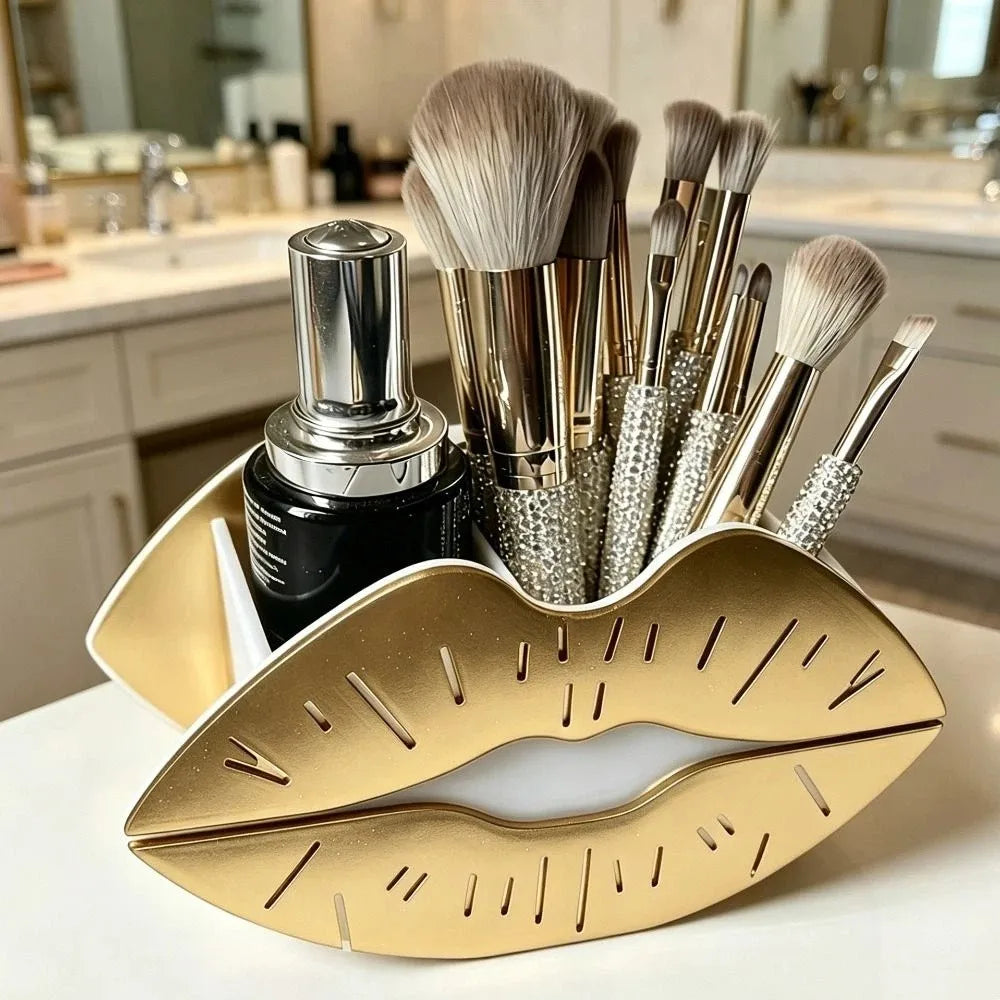 organisateur maquillage lèvres argenté doré rouge glamour pinceaux flacons sérum texturé verticalOpaque central miroir