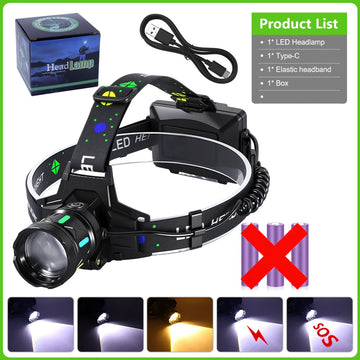 lampe frontale led rechargeable étanche ip65 noir multifonctionnelle randonnée camping course