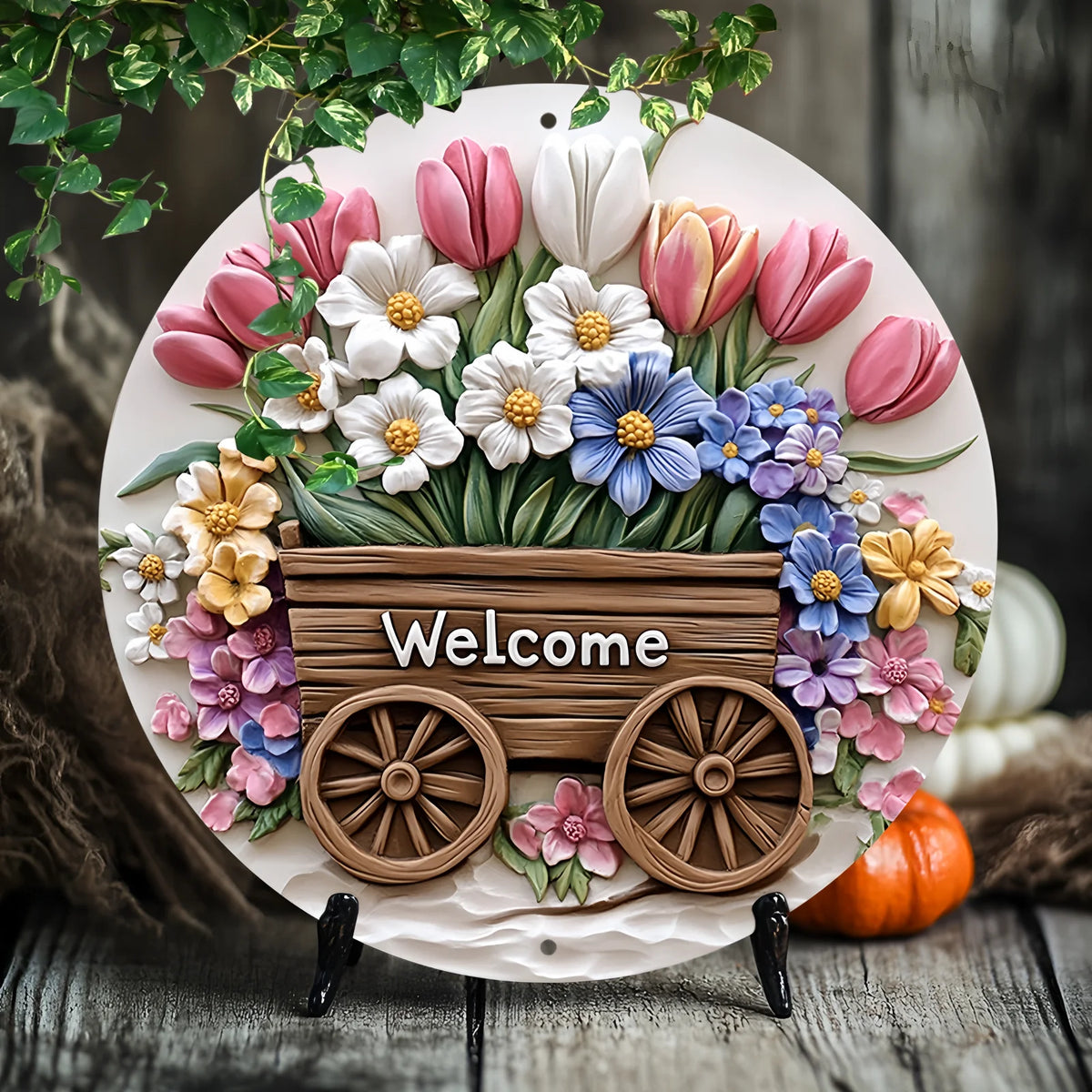 plaque décorative fleurs relief welcome bois couleur rose blanc marron pastorelle 20cm diameter