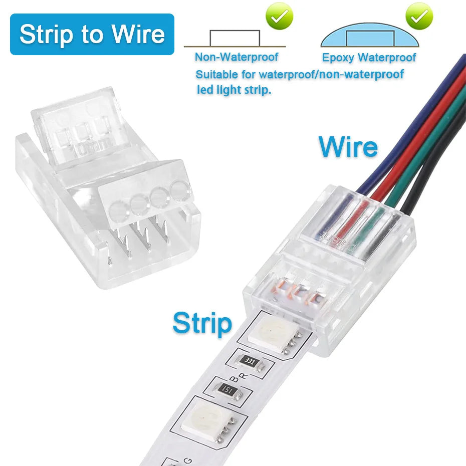 connecteurs led transparent 8mm 10mm 2pin 3pin 4pin adhésifs instructions bleu 24v