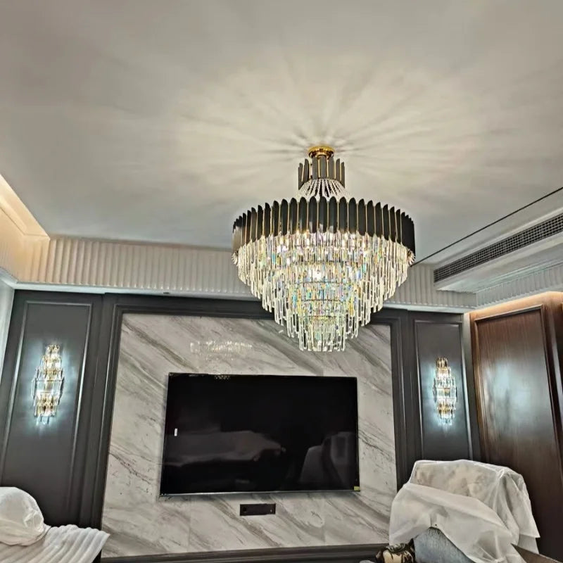 lustre led moderne élégant cristal noir doré transparent salon restaurant