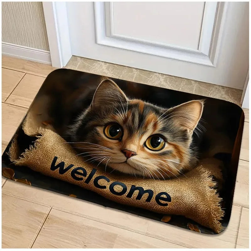 tapis d'entrée moderne antidérapant chat chien os bienvenue multicolore noir blanc
