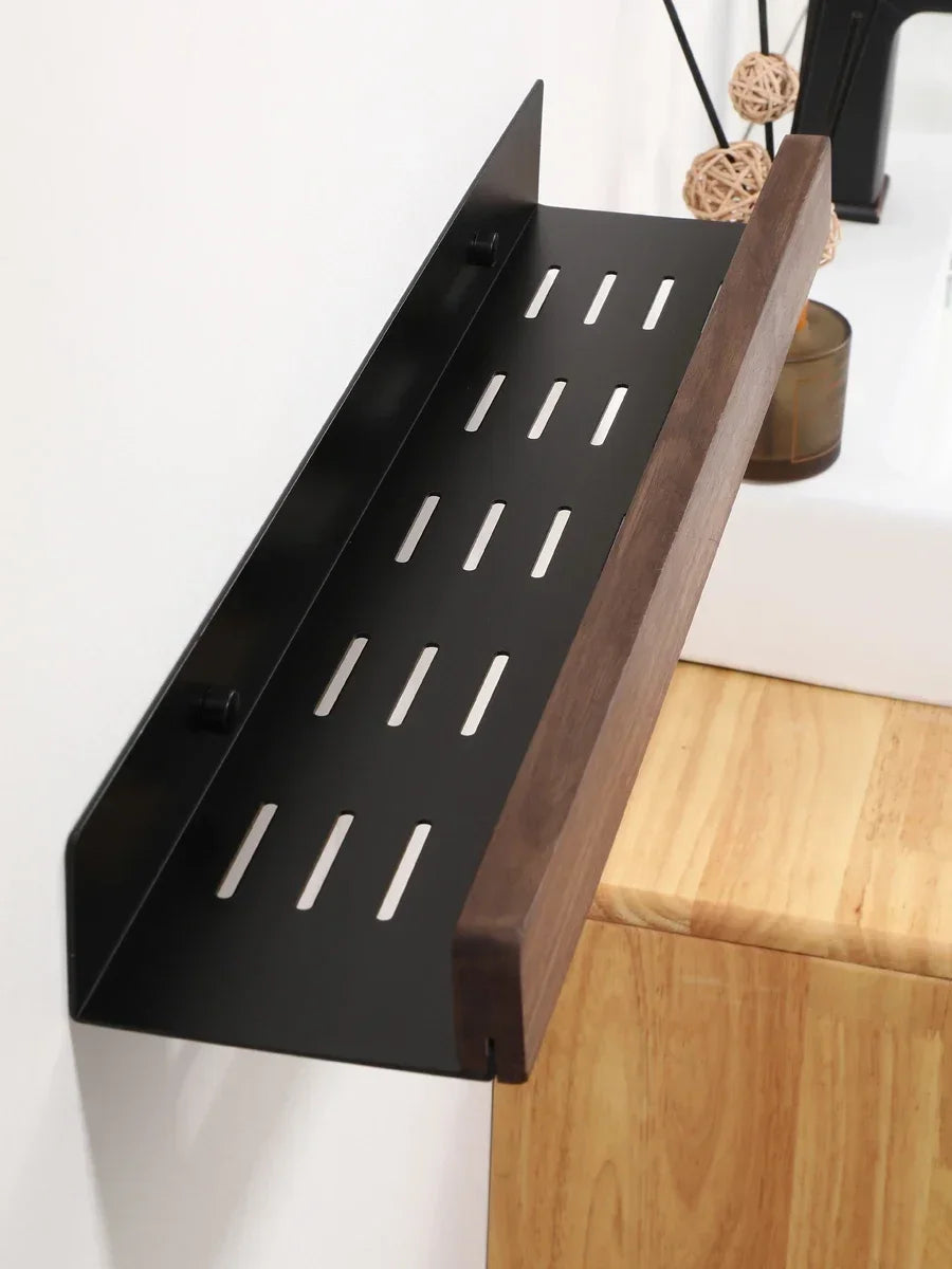 étagère murale bois noir moderne double niveau salle bain fixations vis support rangement