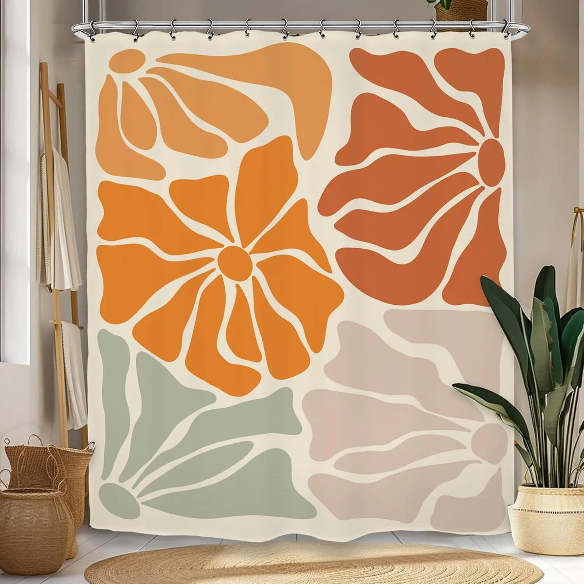 rideau douche floral géométrique orange rouille vintage 180x200cm polyester