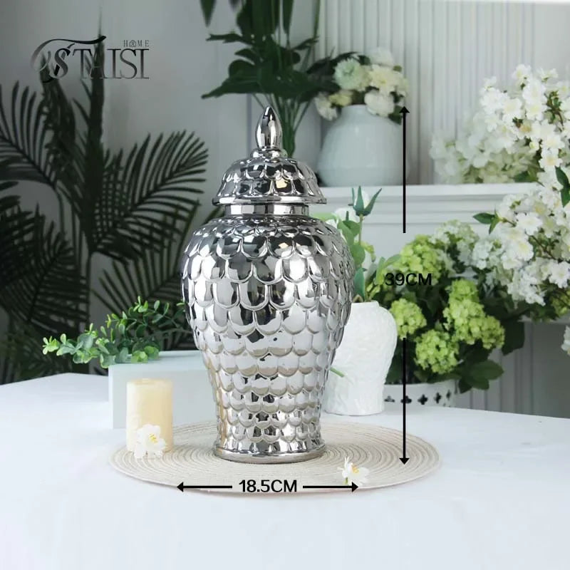 vases décoratifs modernes or blanc argentés motifs ronds couvercles assortis