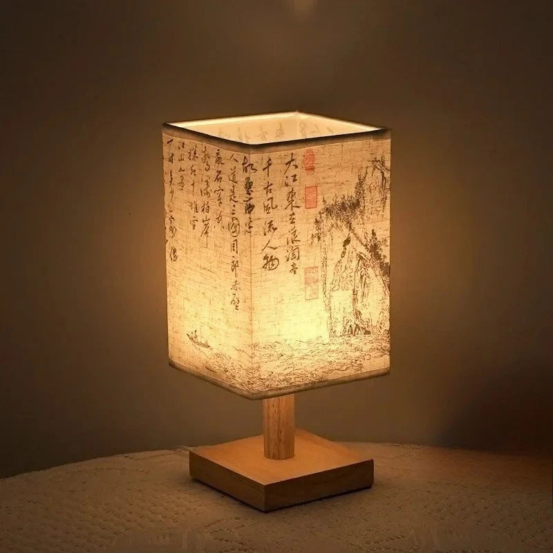 lampe table chinois semi translucide imprimé texte chinois papier vieilli beige clair marronclair