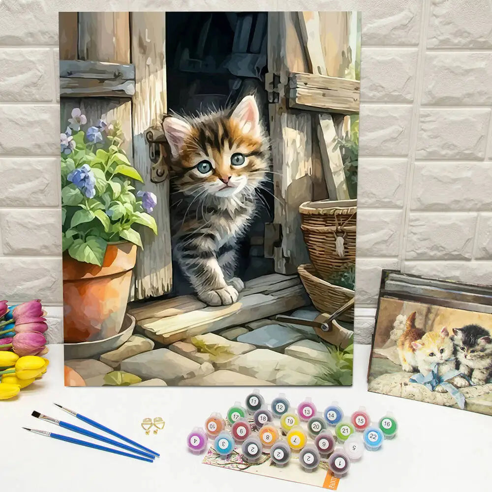 coloriage nombres toile chaton fleurs peinture propylène pinceaux acrylique décoration maison halloween