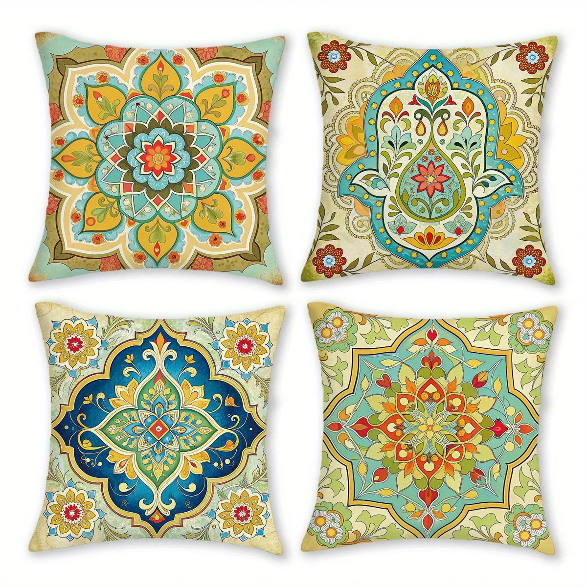 coussins carrés multicolores motifs floraux géométriques ethnique polyester peachskin opacité fixations décoration maison canapé