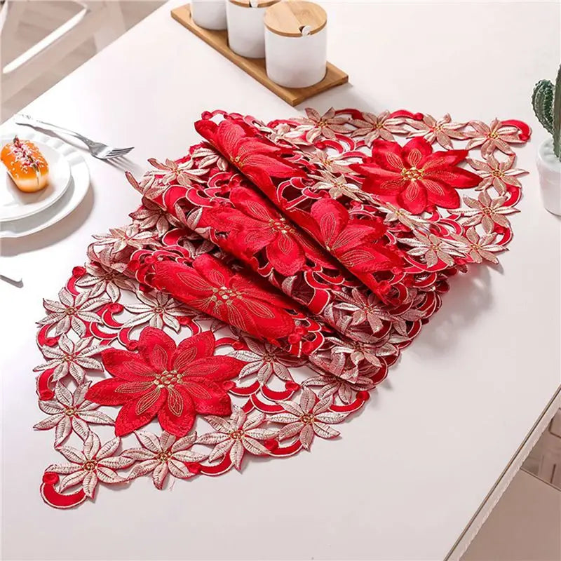 chemin table brodé noël fleurs poinsettia rouge blanc festif voile table runner decoration festive