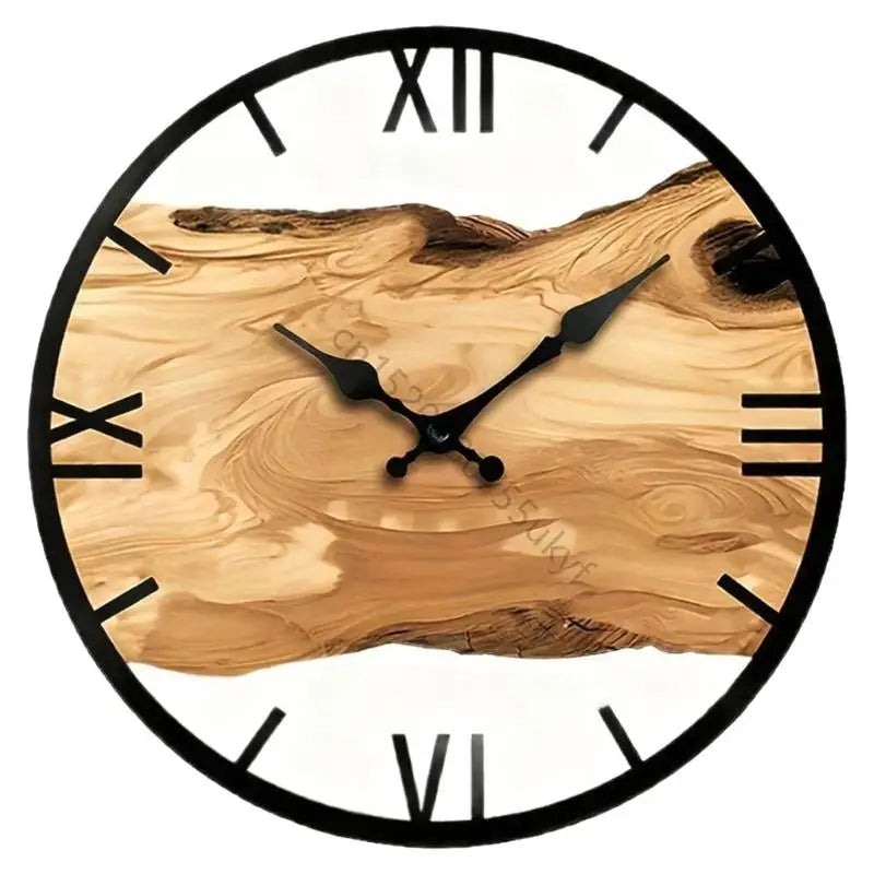 horloge murale moderne bois texture naturelle aiguille numérique noir marron clair fixations decoration maison
