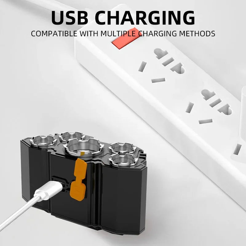 lampe frontale led rechargeable noire bandes orange gris camping aventure pêche torchon adjustable élastique