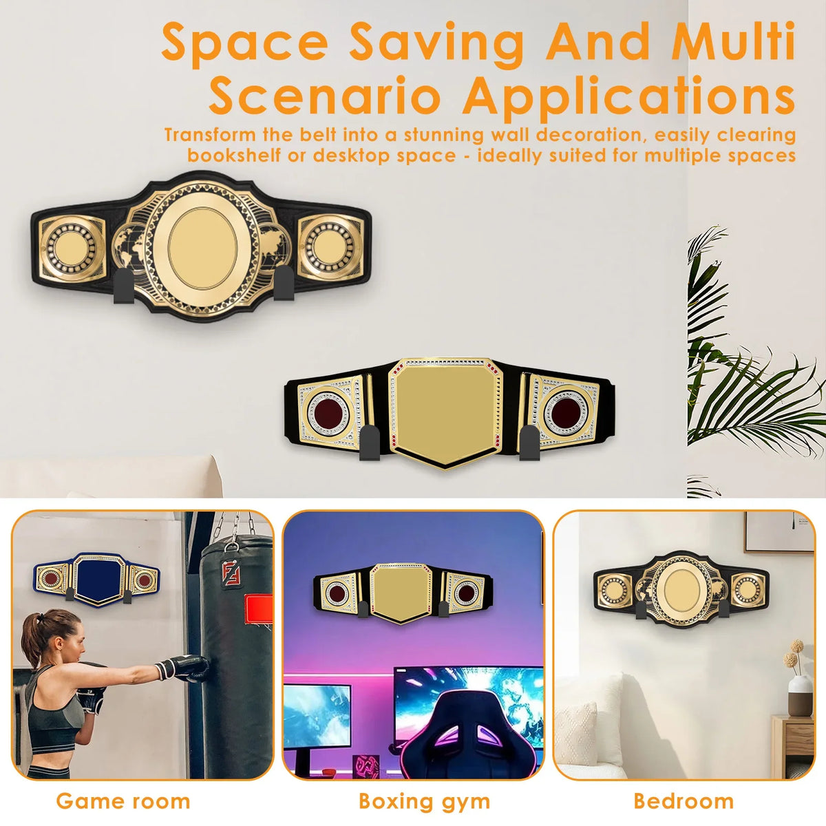 supports muraux ceintures championnat noir or plusieurs trophées boxe sportifs