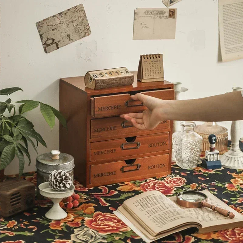 organisateur vintage commode tiroirs bois marron clair rétro poignées métalliques rangement